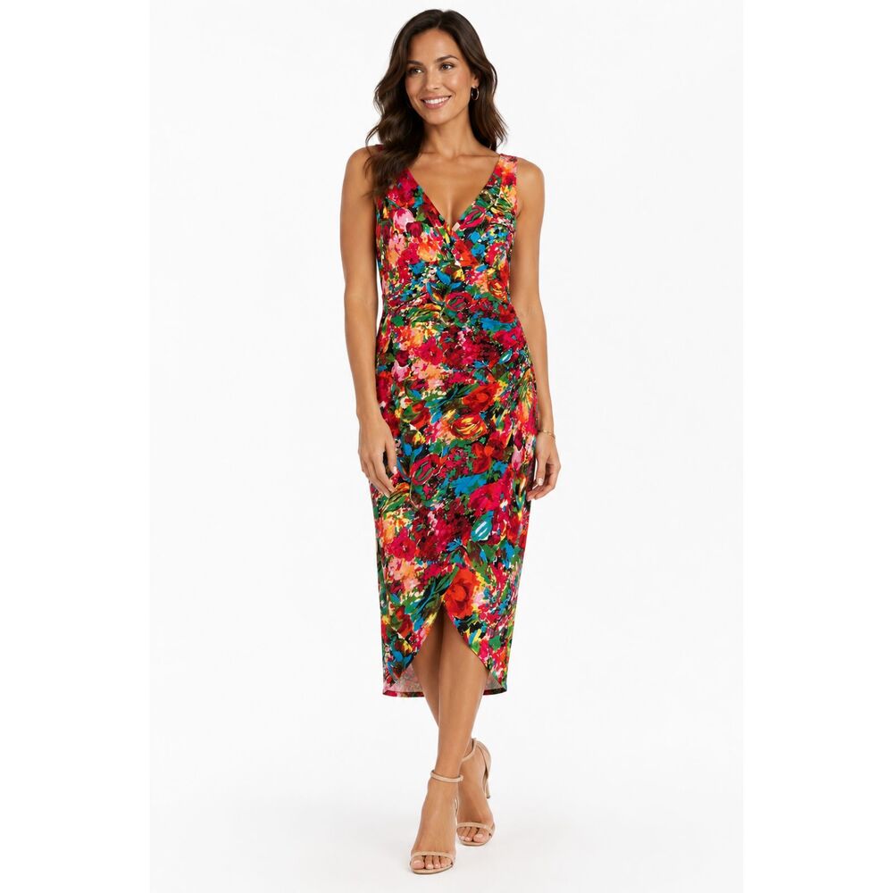Lauren Ralph Lauren Floral Faux Wrap Dress Women's Size 14 Ruched Stretch Midi